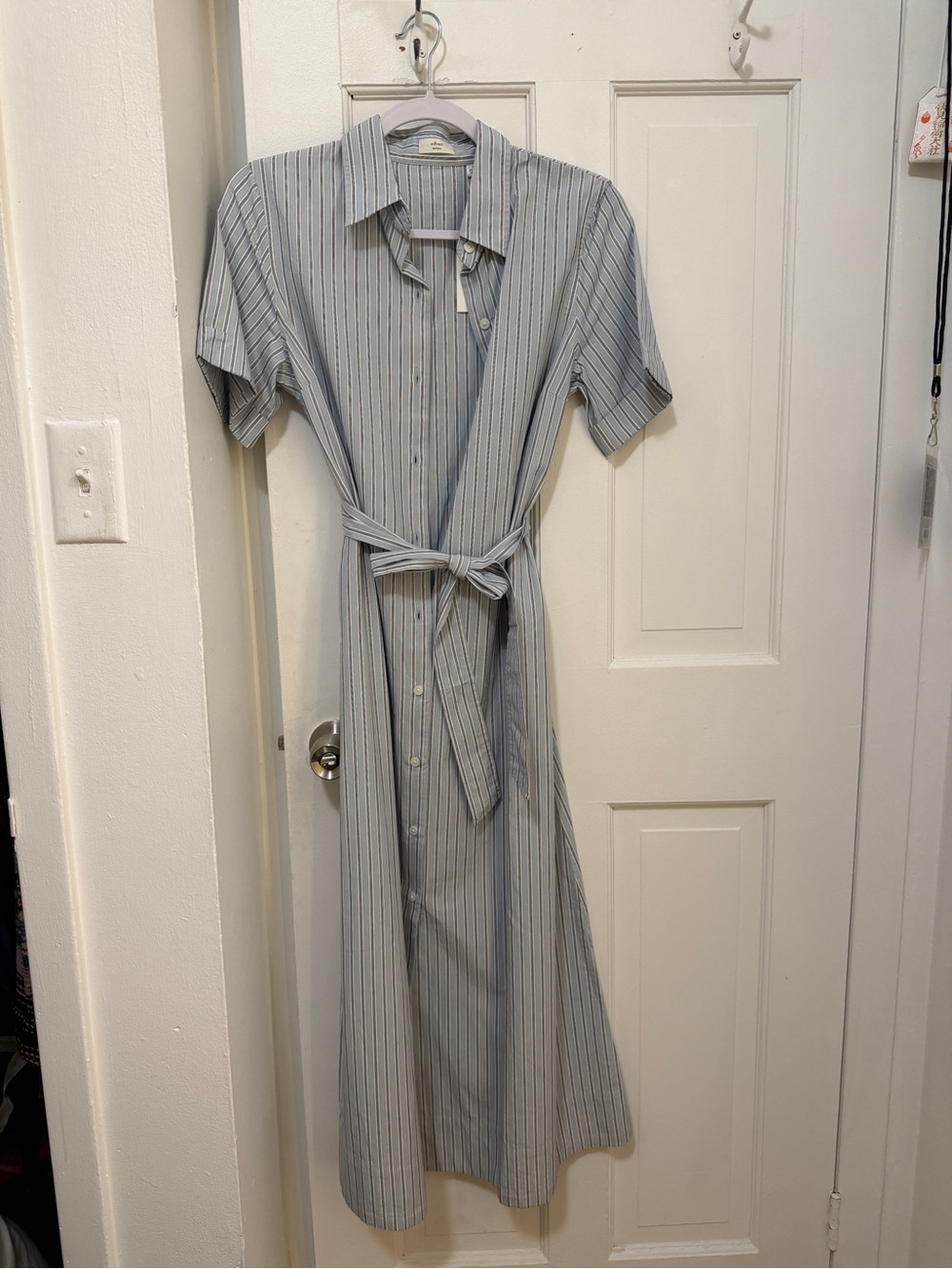 Aritzia Light Blue Striped Work Dress with Tie Waist